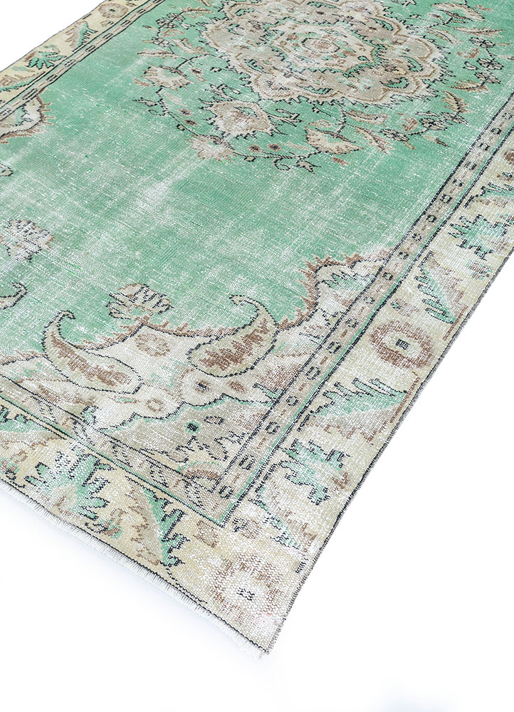vintage green wool hand knotted Rug - FloorShot
