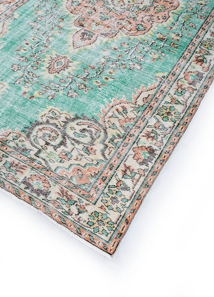 vintage green wool hand knotted Rug - FloorShot