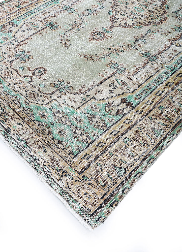 vintage green wool hand knotted Rug - FloorShot