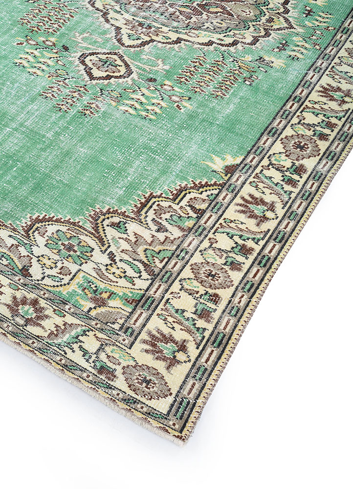 vintage green wool hand knotted Rug - FloorShot
