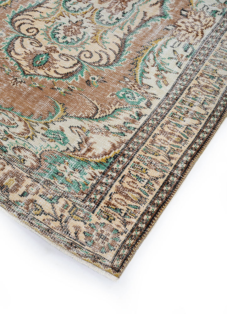 vintage beige and brown wool hand knotted Rug - FloorShot