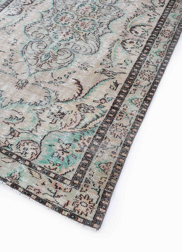 vintage beige and brown wool hand knotted Rug - FloorShot