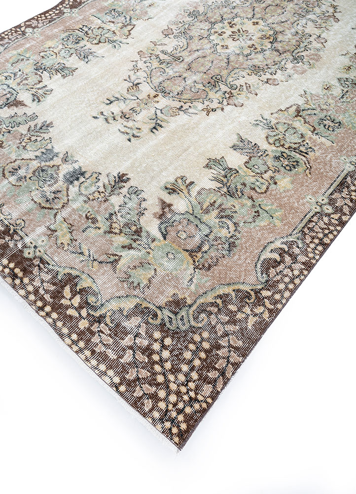 vintage beige and brown wool hand knotted Rug - FloorShot