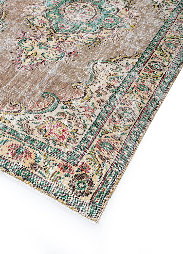 vintage beige and brown wool hand knotted Rug - FloorShot