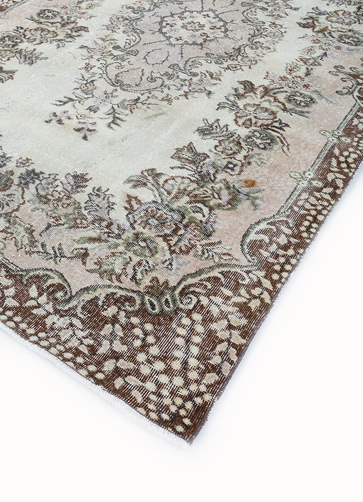 vintage beige and brown wool hand knotted Rug - FloorShot