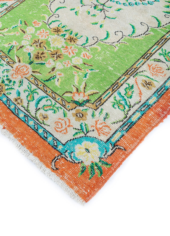 vintage green wool hand knotted Rug - FloorShot