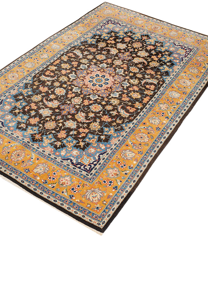 aalam beige and brown wool and silk hand knotted Rug - FloorShot