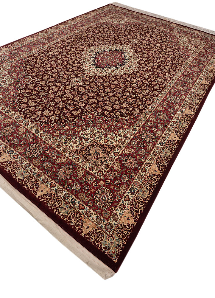 aalam red and orange wool and silk hand knotted Rug - FloorShot