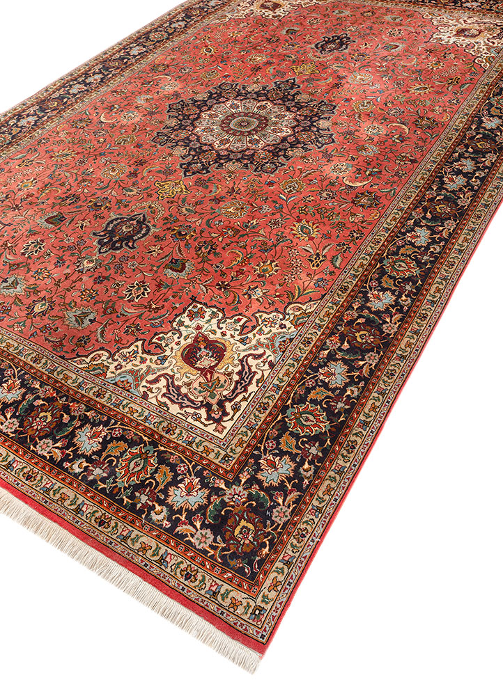 aalam red and orange wool and silk hand knotted Rug - FloorShot