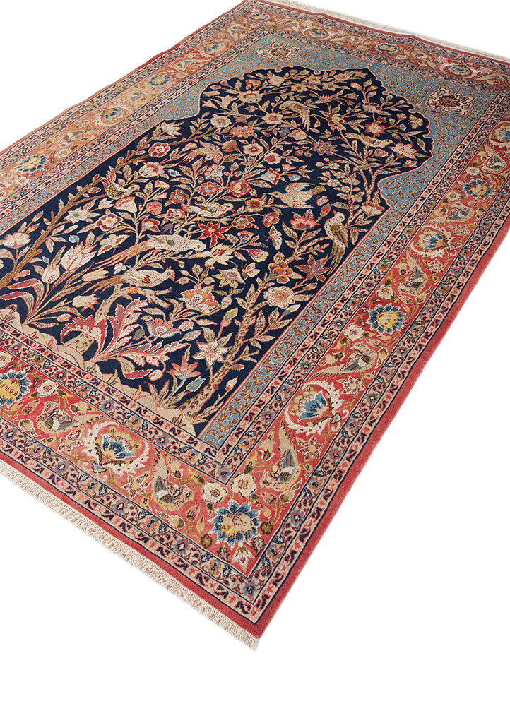 aalam red and orange wool and silk hand knotted Rug - FloorShot