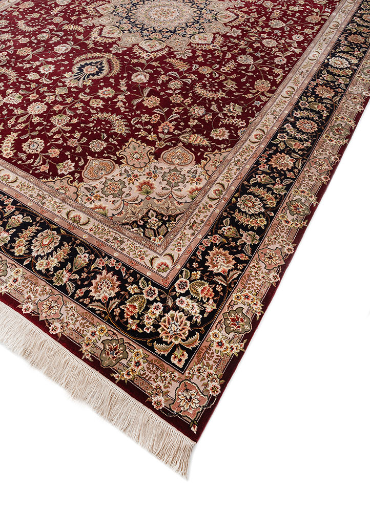 aalam red and orange wool and silk hand knotted Rug - FloorShot