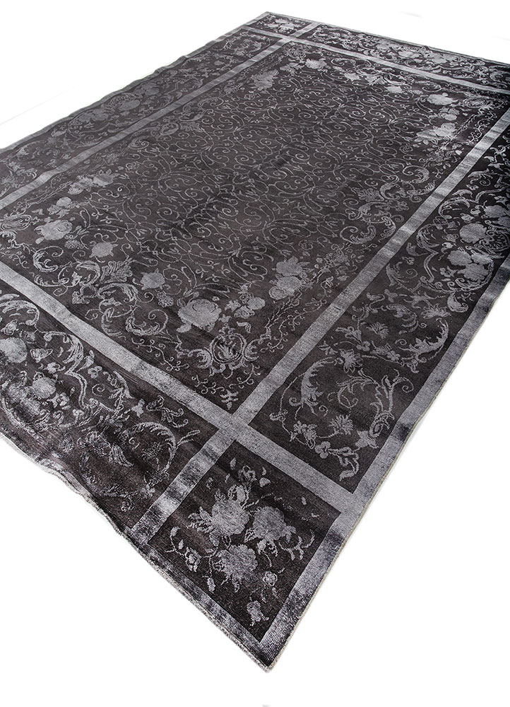 azalea grey and black wool and silk hand knotted Rug - FloorShot