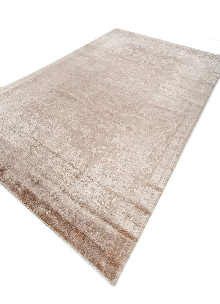 aalam beige and brown wool and silk hand knotted Rug - FloorShot