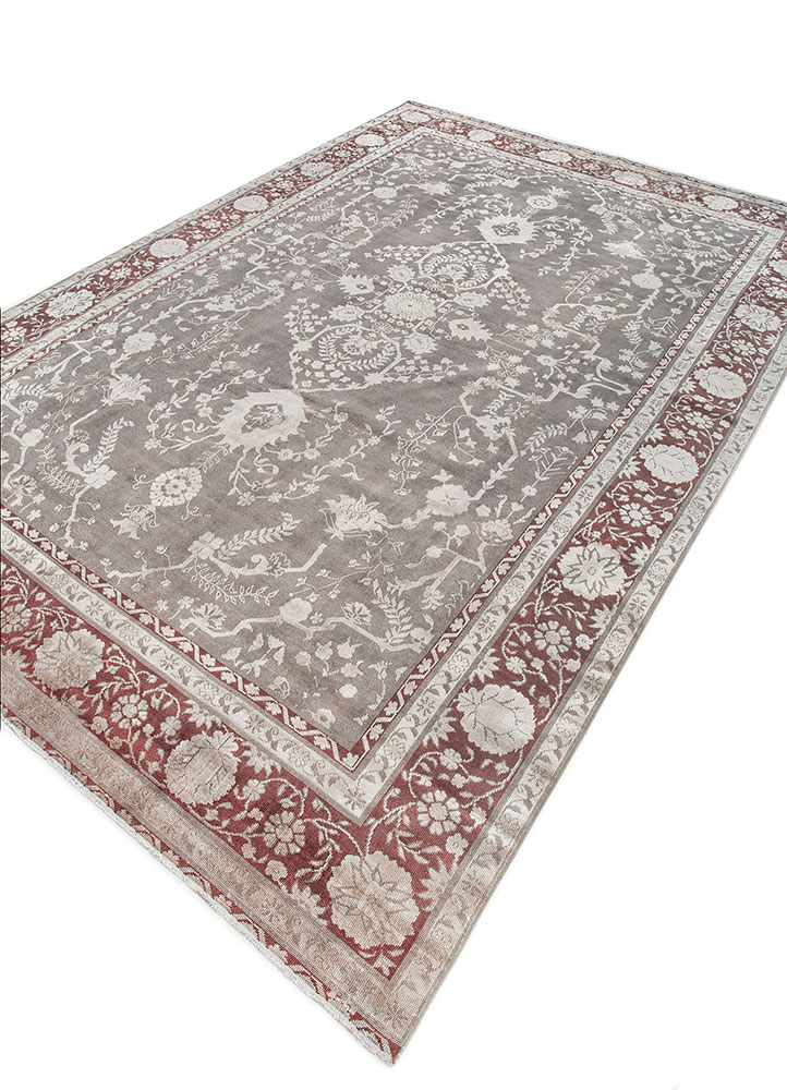 aalam red and orange wool and silk hand knotted Rug - FloorShot