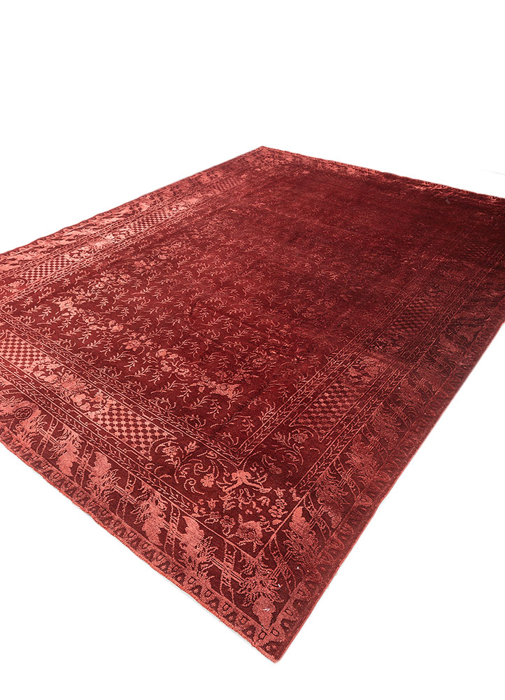 aalam red and orange wool and silk hand knotted Rug - FloorShot