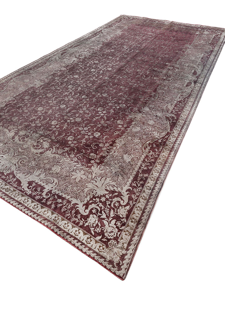 aalam red and orange wool and silk hand knotted Rug - FloorShot