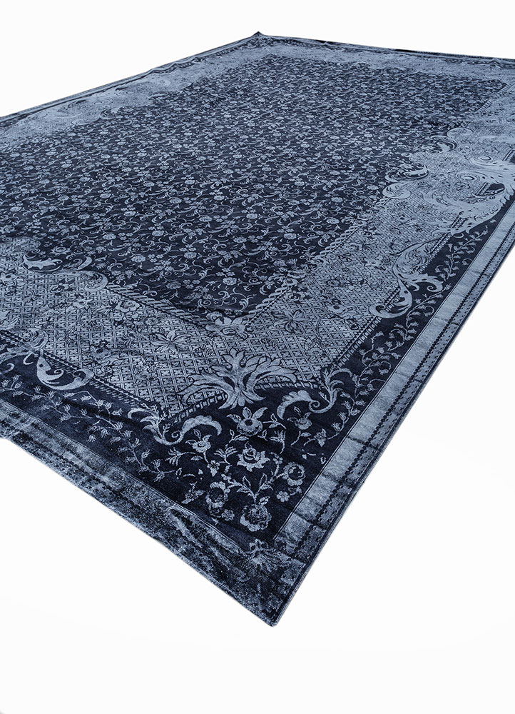 aurora grey and black wool and silk hand knotted Rug - FloorShot