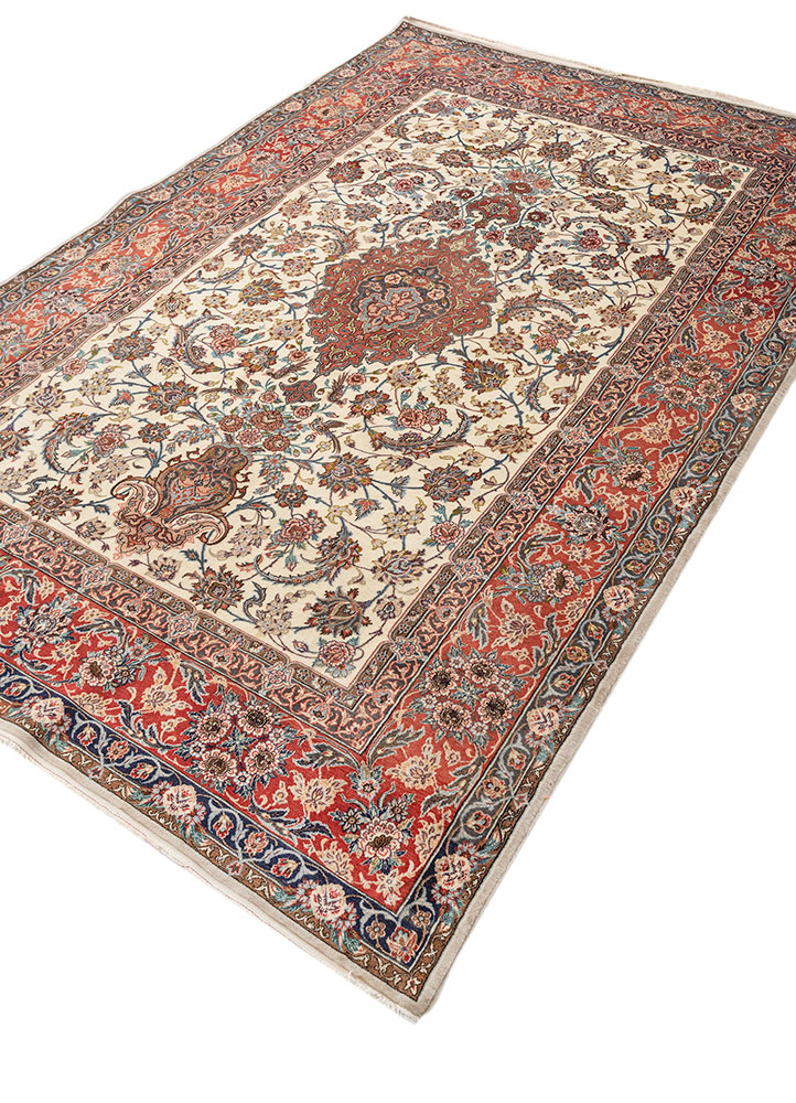 aalam red and orange wool and silk hand knotted Rug - FloorShot