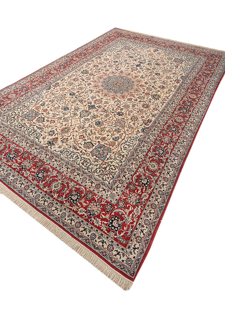 aalam red and orange wool and silk hand knotted Rug - FloorShot