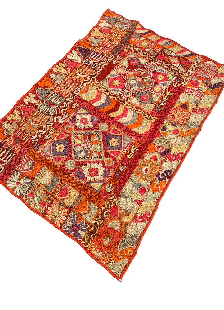 aalam red and orange wool hand knotted Rug - FloorShot