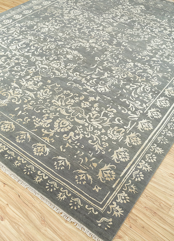 far east grey and black wool and silk hand knotted Rug - FloorShot