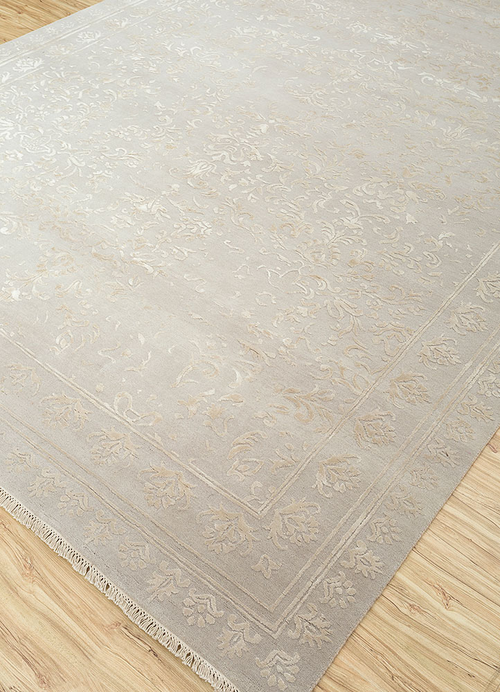 aurora beige and brown wool and silk hand knotted Rug - FloorShot