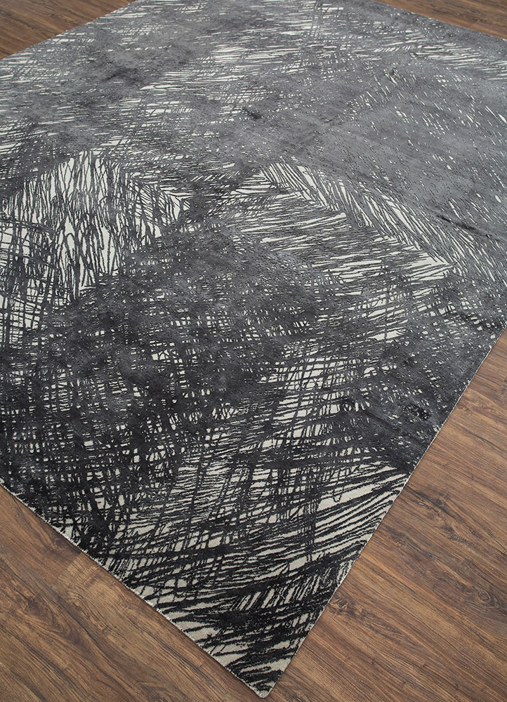 free verse by kavi grey and black wool and silk hand knotted Rug - FloorShot