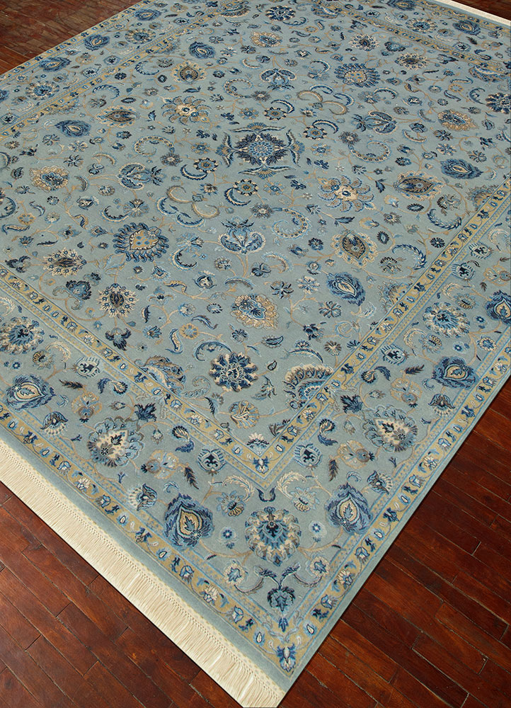 aurora blue wool and silk hand knotted Rug - FloorShot