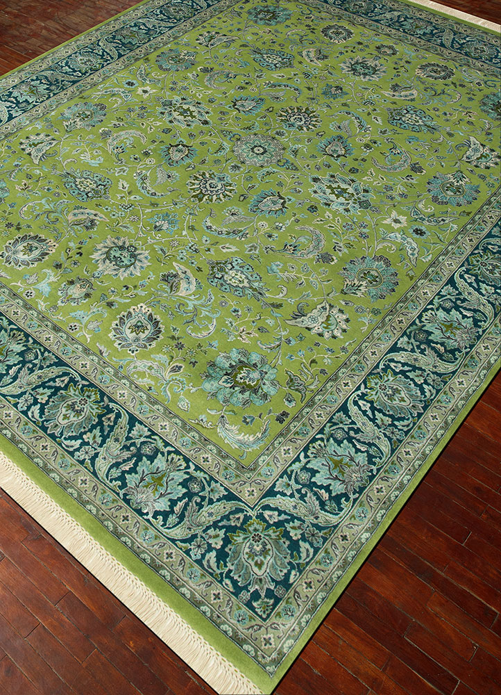 aurora green wool and silk hand knotted Rug - FloorShot