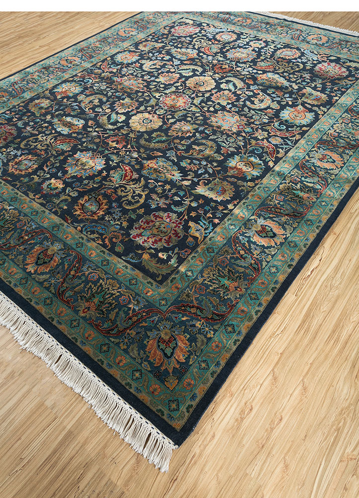 aurora blue wool and silk hand knotted Rug - FloorShot