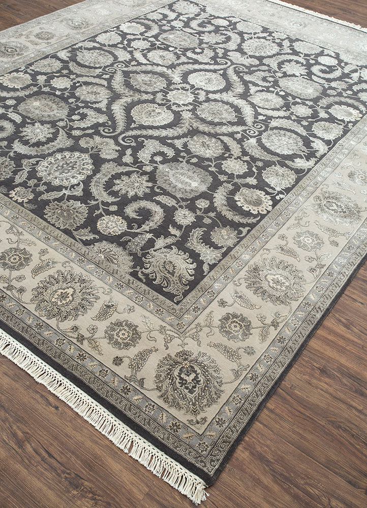 aurora grey and black wool and silk hand knotted Rug - FloorShot