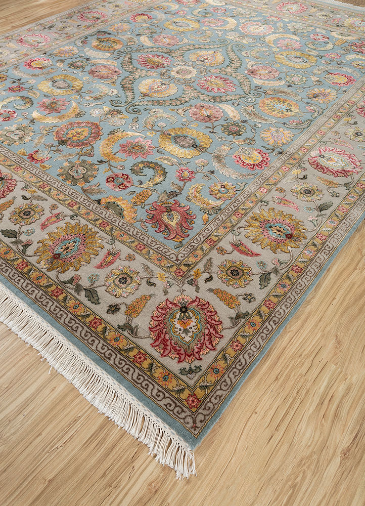 aurora blue wool and silk hand knotted Rug - FloorShot