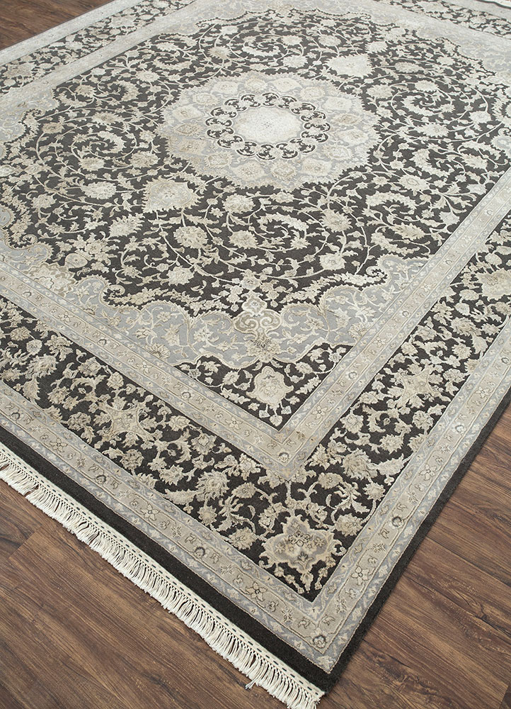 aurora grey and black wool and silk hand knotted Rug - FloorShot