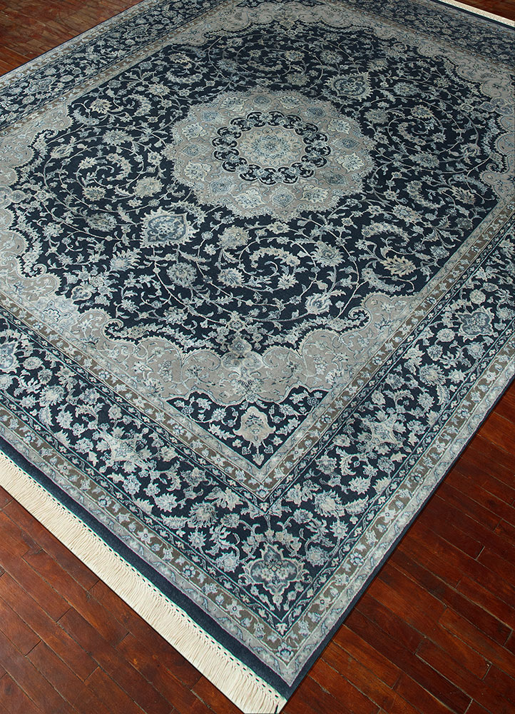 aurora blue wool and silk hand knotted Rug - FloorShot