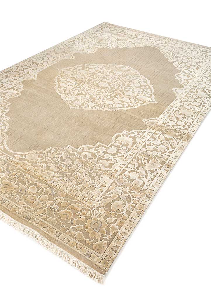 aurora beige and brown wool and silk hand knotted Rug - FloorShot