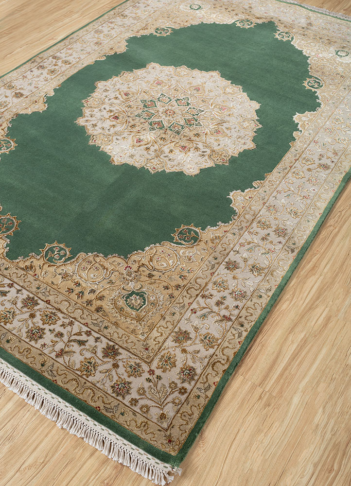 aurora green wool and silk hand knotted Rug - FloorShot