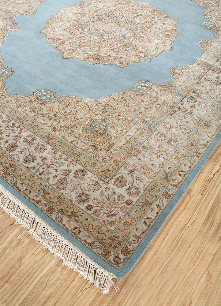 aurora blue wool and silk hand knotted Rug - FloorShot