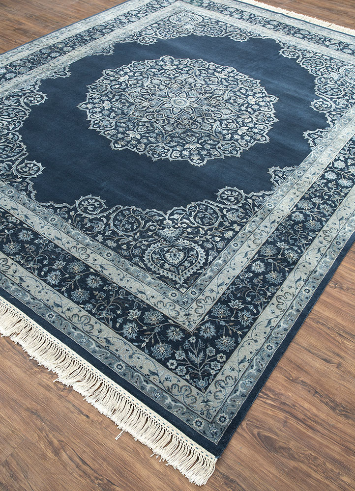 aurora blue wool and silk hand knotted Rug - FloorShot