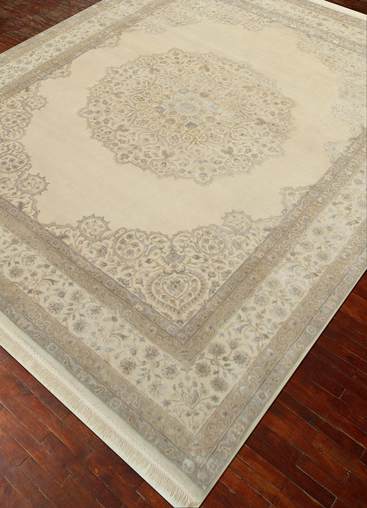 aurora ivory wool and silk hand knotted Rug - FloorShot