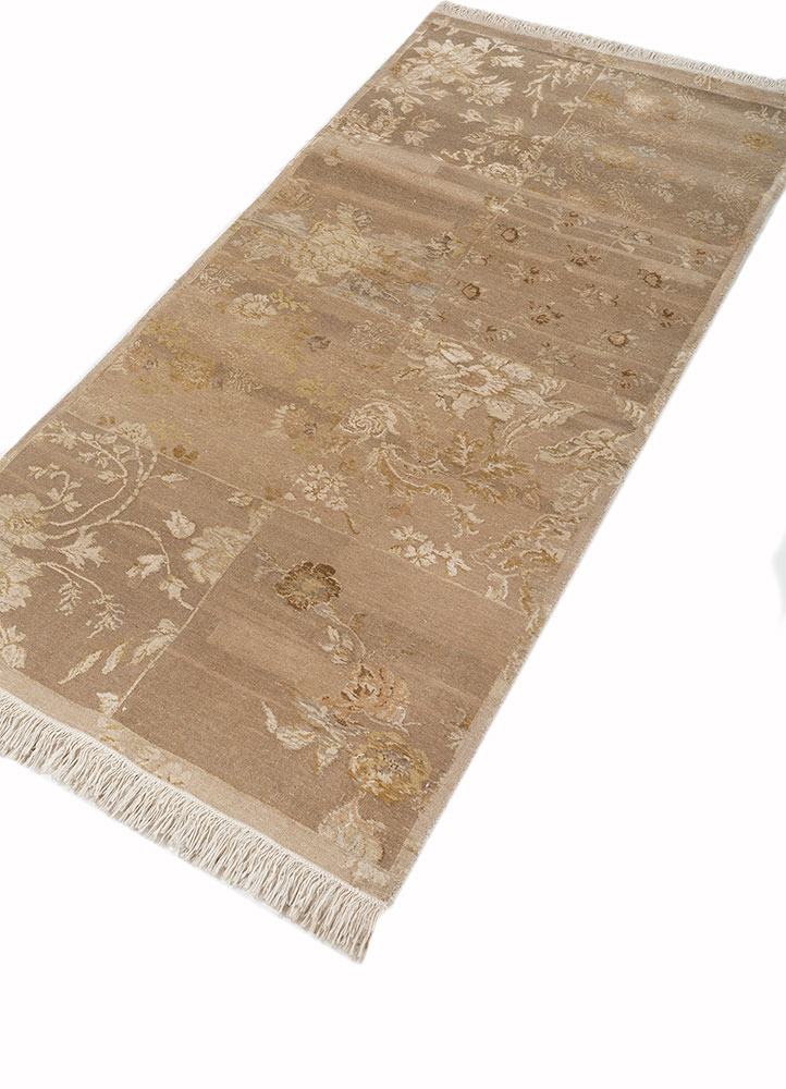aurora beige and brown wool and silk hand knotted Rug - FloorShot
