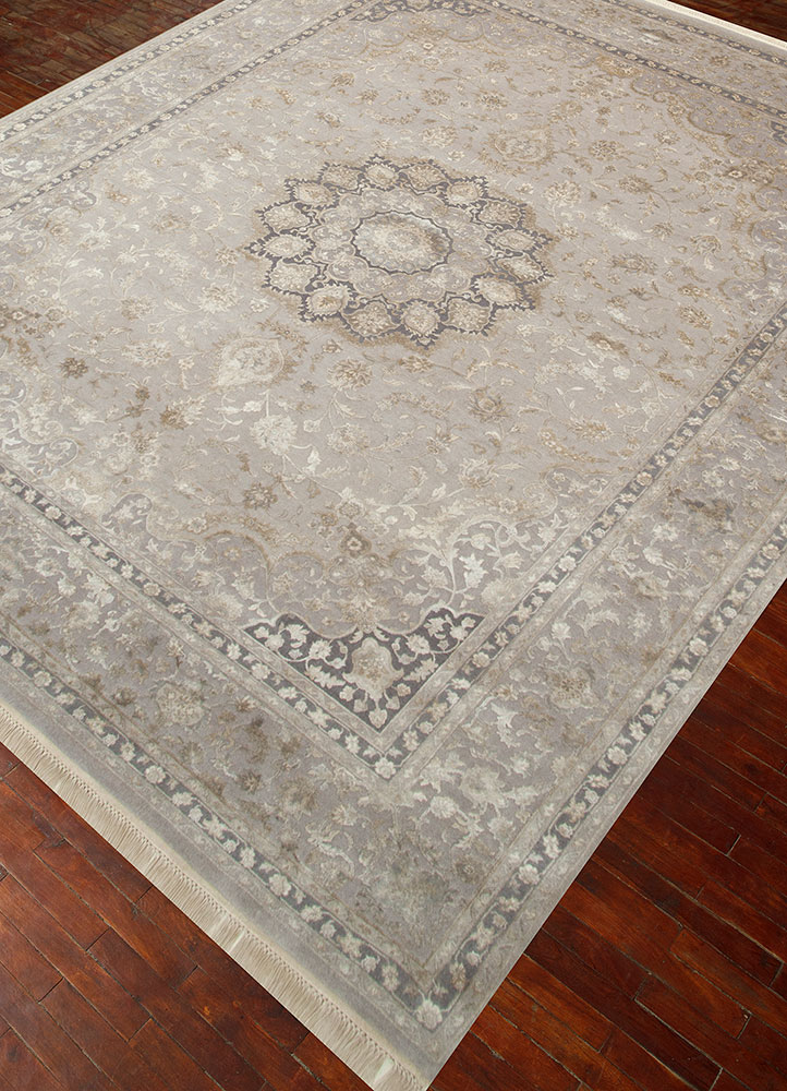 aurora grey and black wool and silk hand knotted Rug - FloorShot