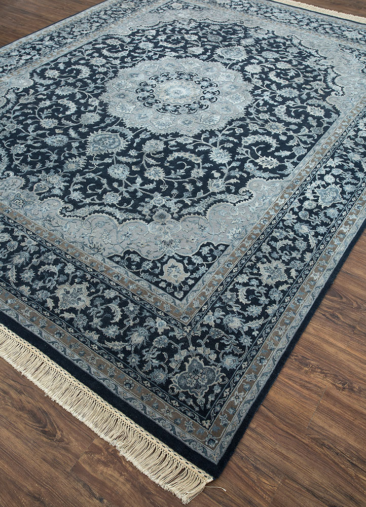 aurora blue wool and silk hand knotted Rug - FloorShot