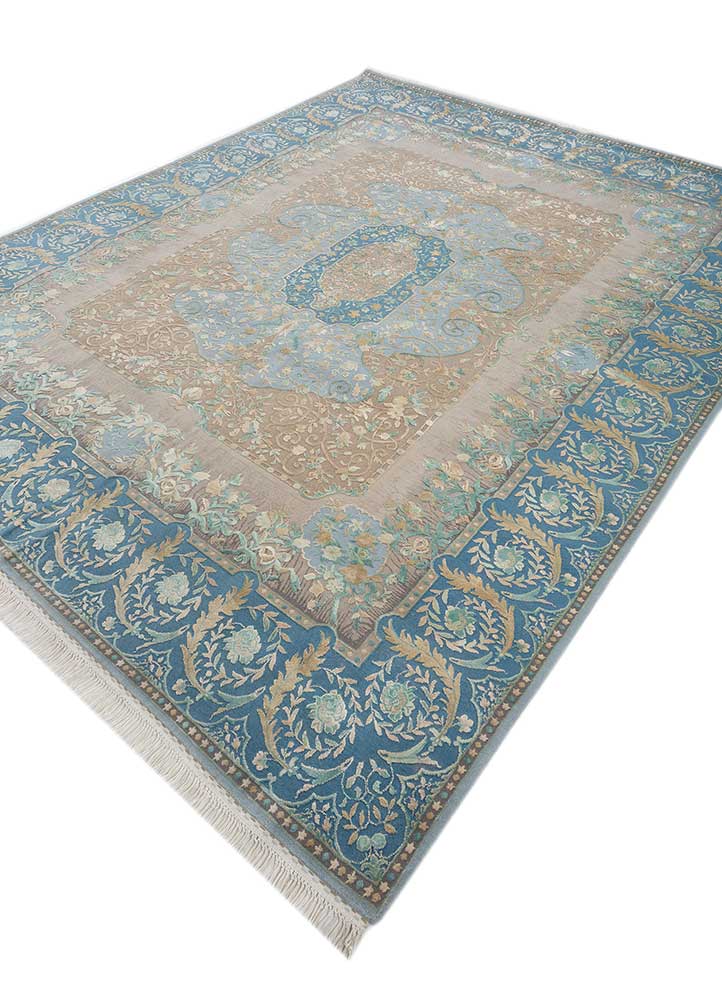 aurora blue wool and silk hand knotted Rug - FloorShot