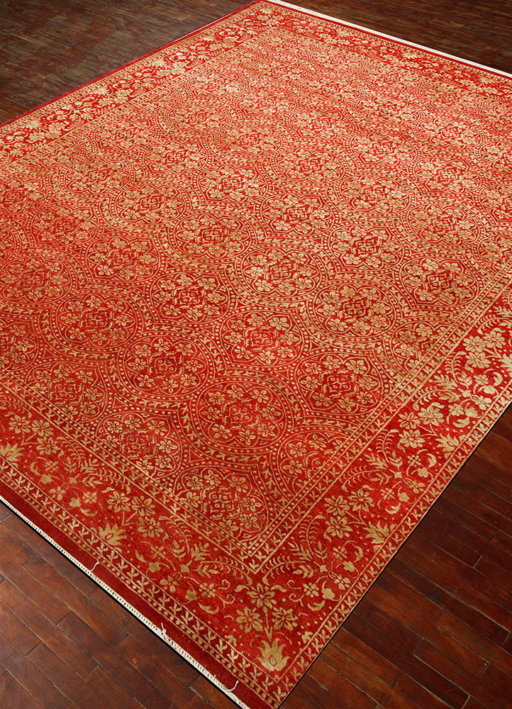 aurora red and orange wool and silk hand knotted Rug - FloorShot