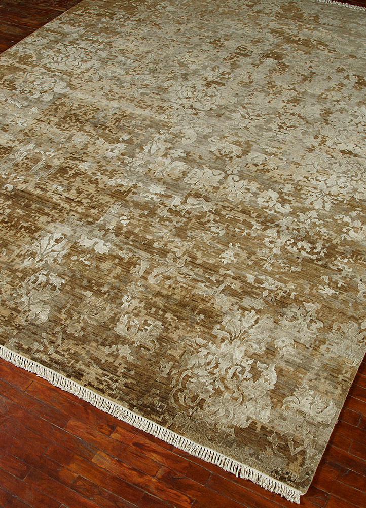 far east beige and brown wool and silk hand knotted Rug - FloorShot