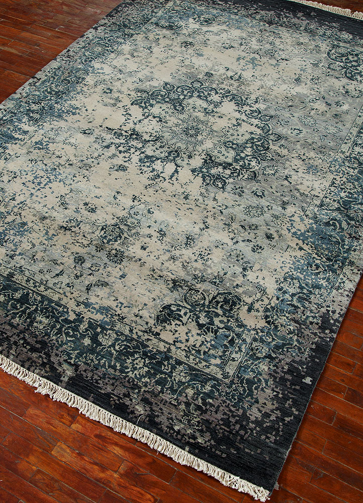 far east blue wool and silk hand knotted Rug - FloorShot