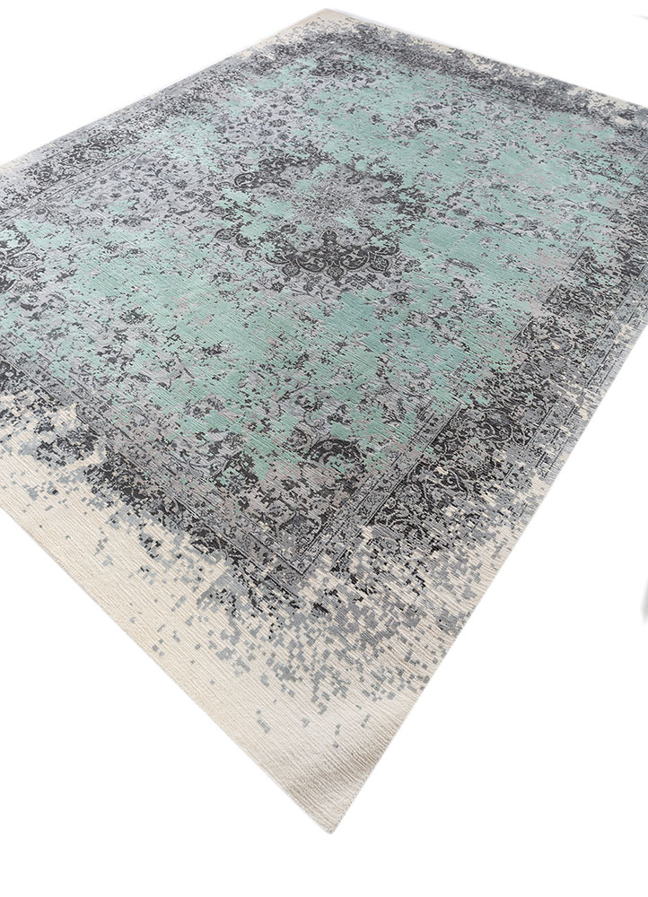 far east blue wool and silk hand knotted Rug - FloorShot
