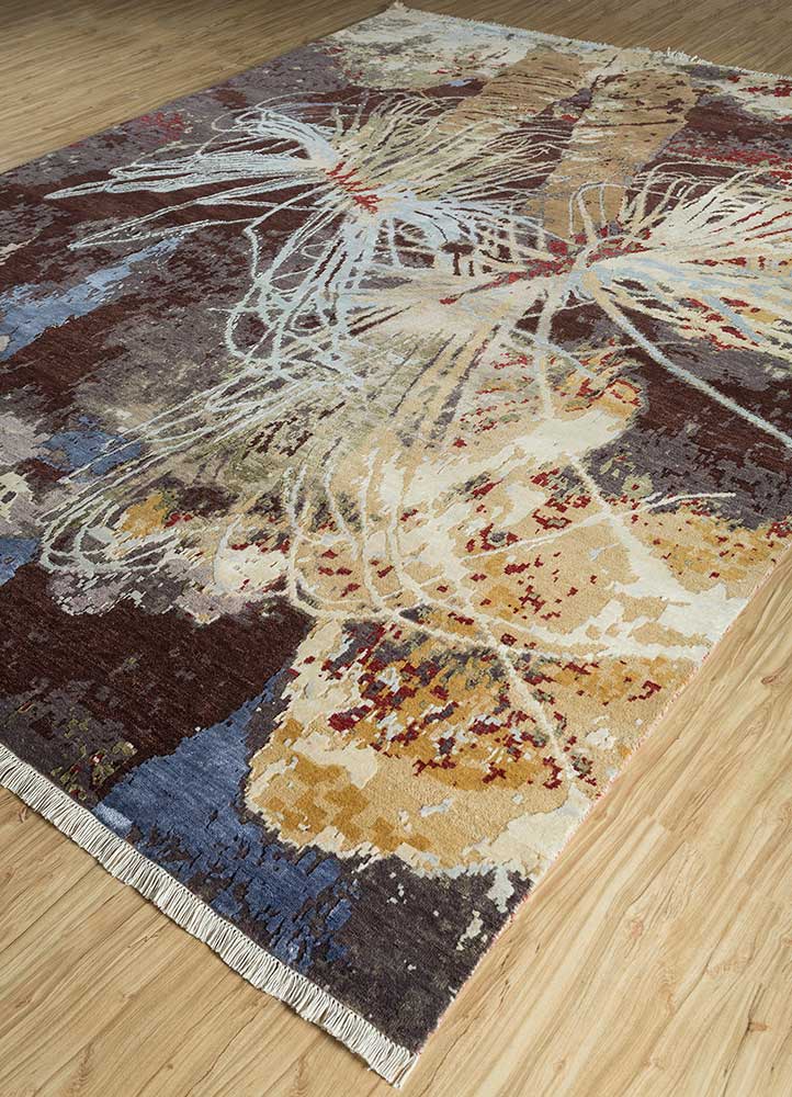 pansy beige and brown wool and bamboo silk hand knotted Rug - FloorShot