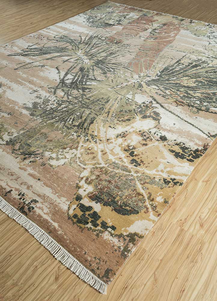 pansy beige and brown wool and bamboo silk hand knotted Rug - FloorShot