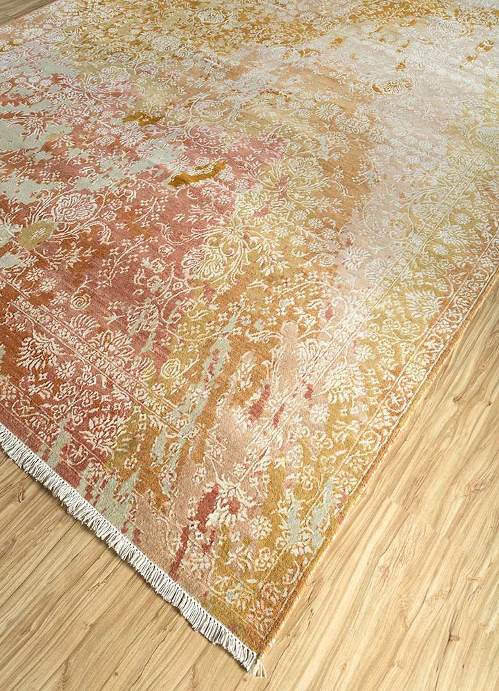 far east red and orange wool and bamboo silk hand knotted Rug - FloorShot